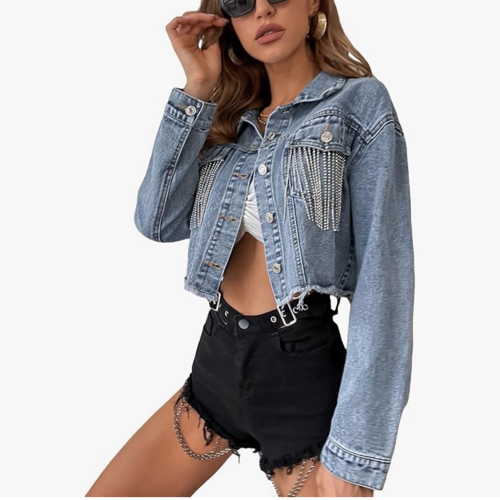 Verdusa Women's Rhinestone Fringe Raw Hem Long Sleeve Crop Denim Jacket Coat